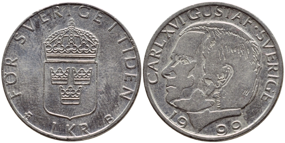 Швеция 1 крона 1999 Карл XVI Густав (1973- ) KM 852a медно-никель 89-546