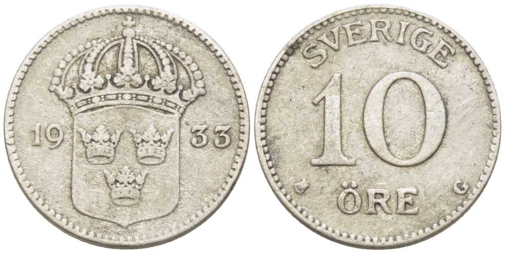 Швеция 10 эре 1933 G, Густав V (1907-1950) KM 780 серебро 116-1155