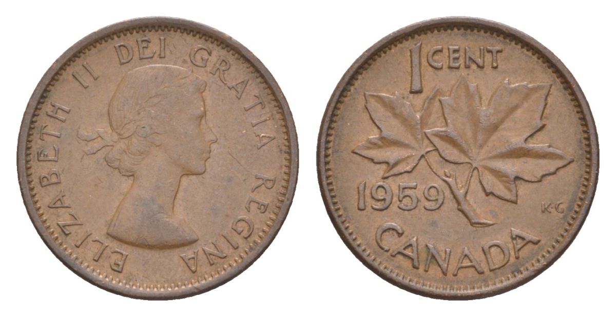 Канада 1 цент 1959 Елизавета II (1952-2022), кленовый лист KM 49 бронза 4630-535