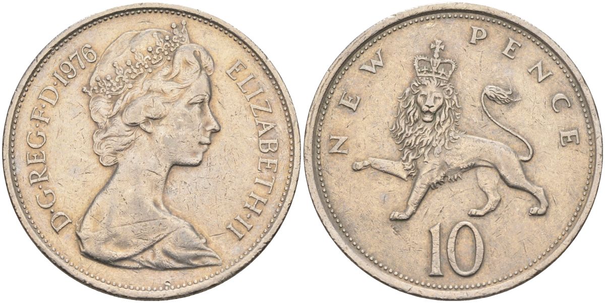 Великобритания 10 пенсов 1976 Елизавета II (1952-2022) KM 912, Spink 4231 (F1) медно-никель 4593-814