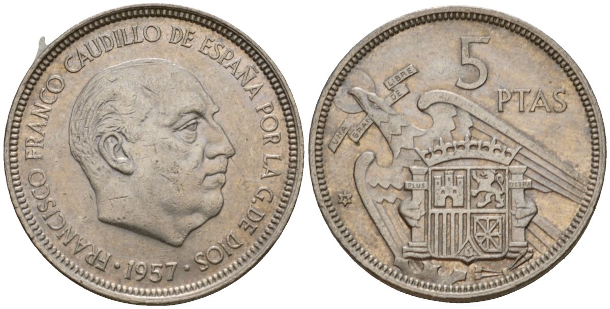 Испания 5 песет 1957 (75) Франсиско Франко (1939-1975) KM 786 медно-никель 186-1036