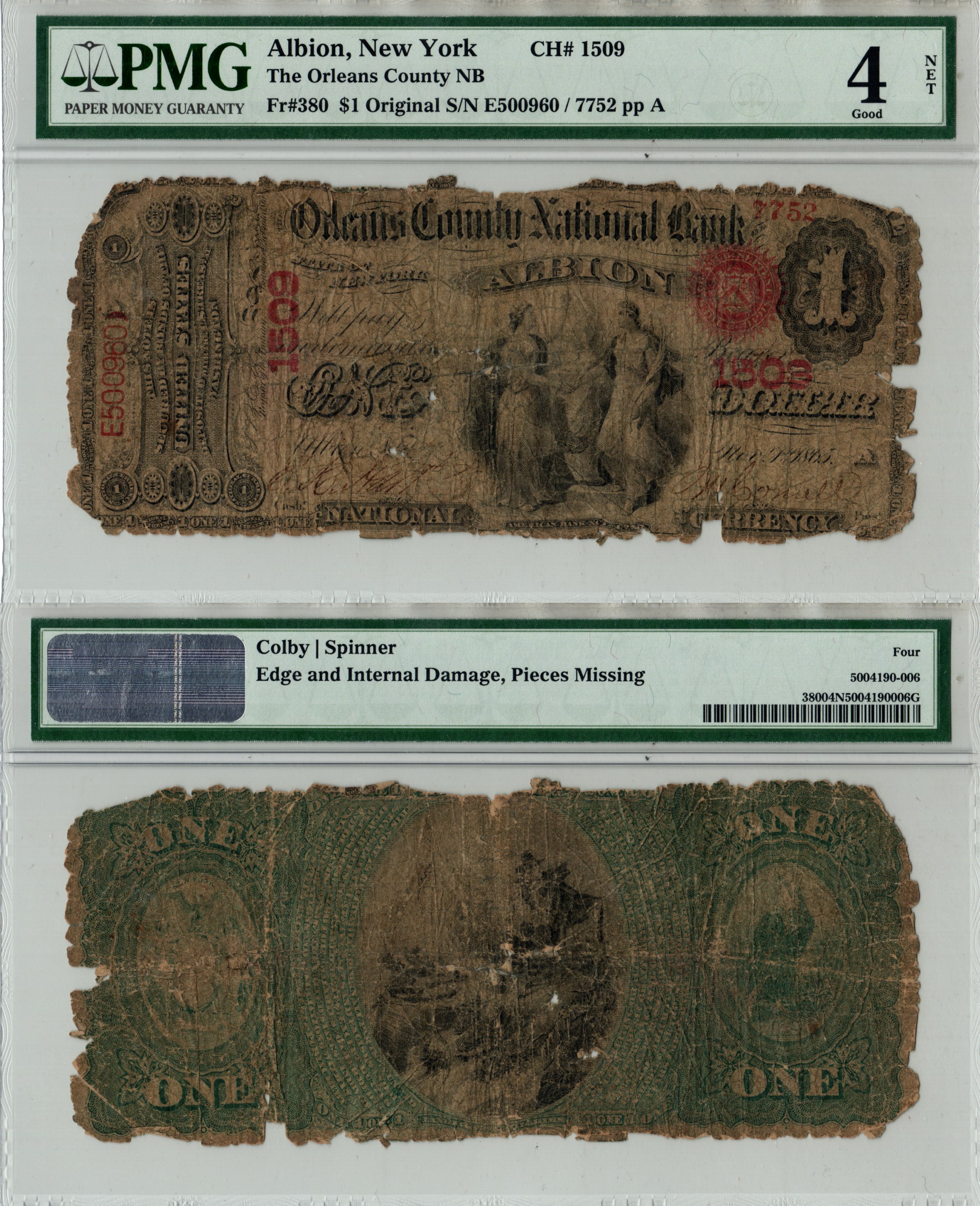 США, National Bank Note 1 доллар ND Национальный Банк Округа Орлинс, Албион, Нью-Йорк. В слабе компании PMG. Сохранность - «4 NET». Fr. 380  бумага   452-1-198