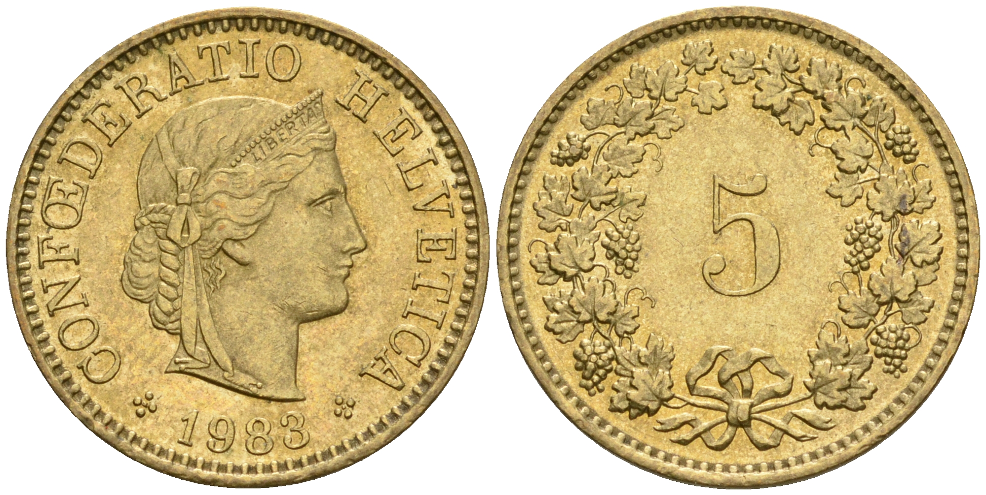 Швейцария 5 раппенов 1983 KM 26c алюминиевая бронза 4608-654