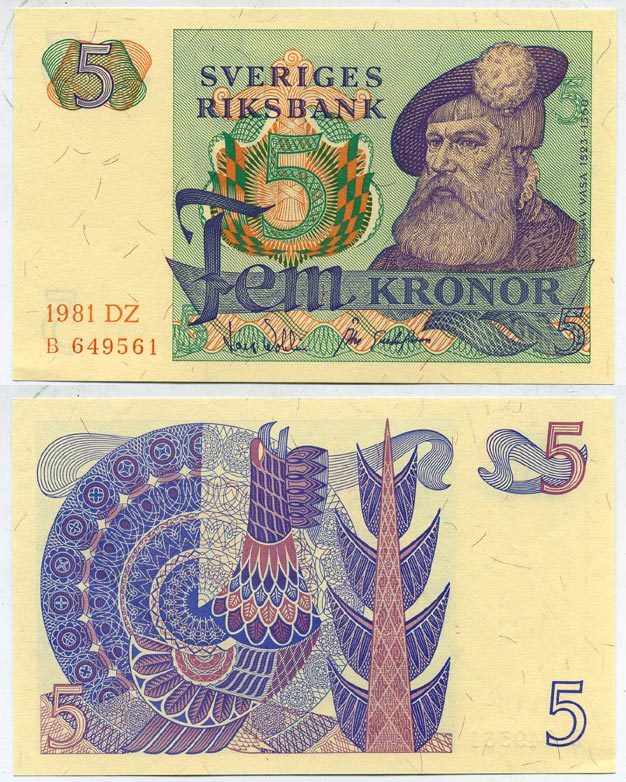 Швеция 5 крон 1981 DZ, Густав I Ваза Pick 51d бумага aUNC 444-2-1-1