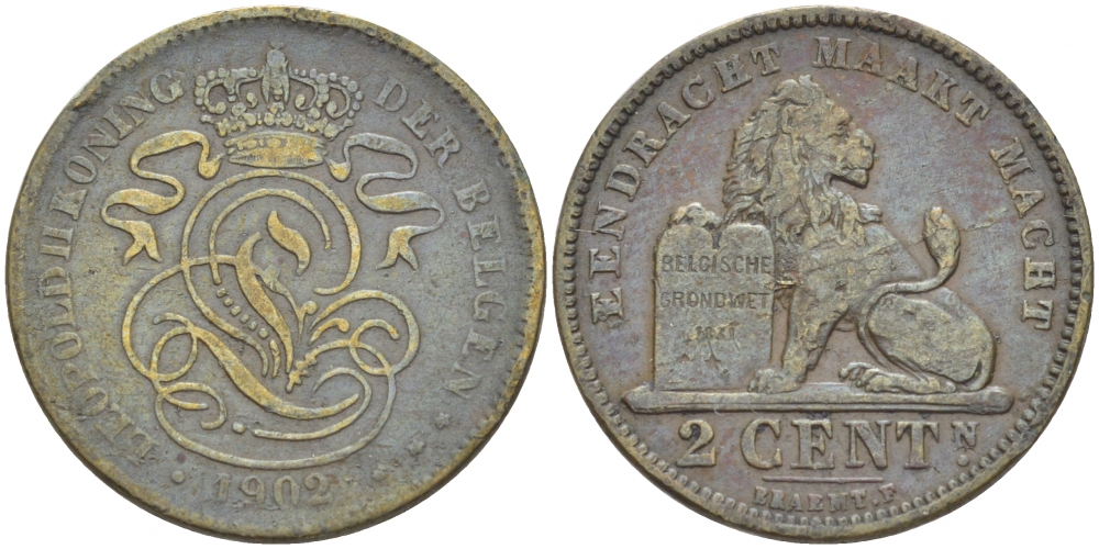 БЕЛЬГИЯ 2 САНТИМА 1902 BELGEN KM 36 медь 110-154