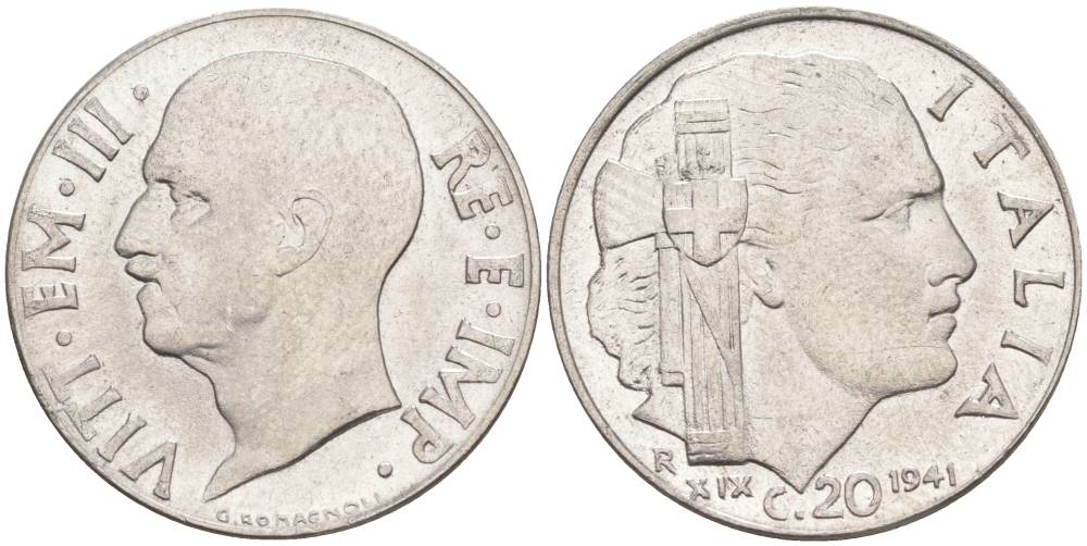 ИТАЛИЯ 20 ЧЕНТЕЗИМО 1941 R, ГОД XIX, ВИКТОР ЭММАНУИЛ III (1900-1946) KM 75b, VEM3. 1028 нержавеющая сталь 3853-1021