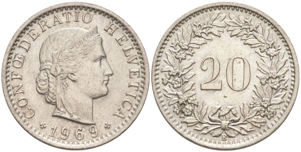 Швейцария 20 раппенов 1969 В KM 29а медно-никель 55-914