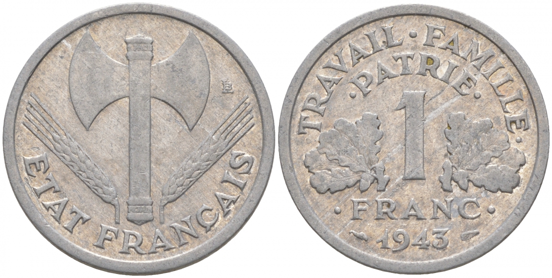 ФРАНЦИЯ 1 ФРАНК 1943 LB, ТИП LEGERE, ПРАВИТЕЛЬСТВО ВИШИ KM 902.1, LE FRANC 223.3 алюминий 186-317