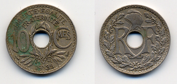 ФРАНЦИЯ 10 САНТИМОВ 1935 ТИП ЛИНДАЙЁ KM 866а, LE FRANC 138.22 медно-никель 4388-1132