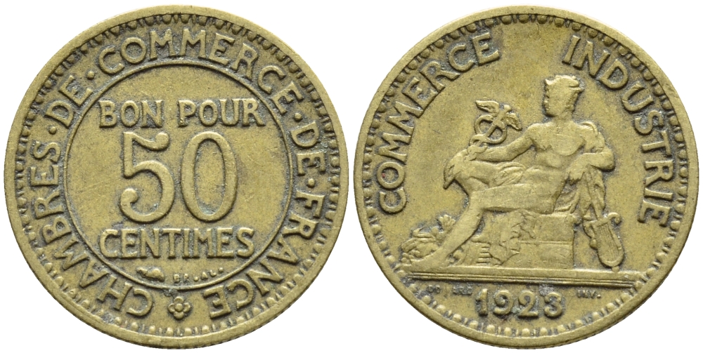 ФРАНЦИЯ 50 САНТИМОВ 1923 CHAMBRES DE COMMERCE KM 834, LE FRANC 191.6 алюминиевая бронза 4392-729