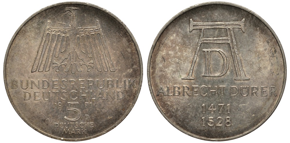ФРГ 5 марок 1971 D, 500 лет со дня рождения Альбрехта Дюрера KM 129, J. 410 серебро 413-4722