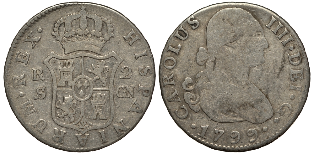 Испания 2 реала 1799 S CN, мондвор (Севилья), Карлос IIII (1788-1808) KM 430.2 (C69.2) серебро 650-941