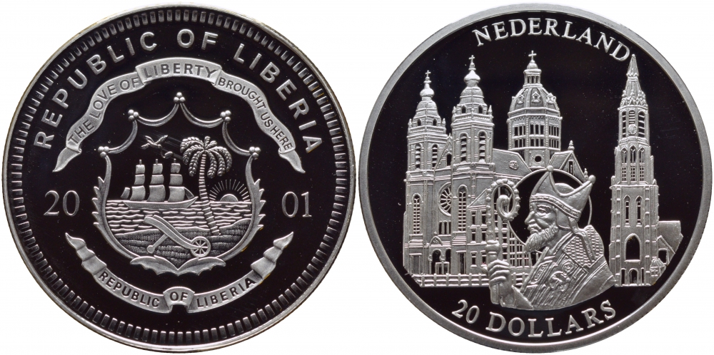 Либерия 20 долларов 2001 серия церкви Европы, Нидерланды, Святой Николай, сертификат серебро PROOF 01-107-41