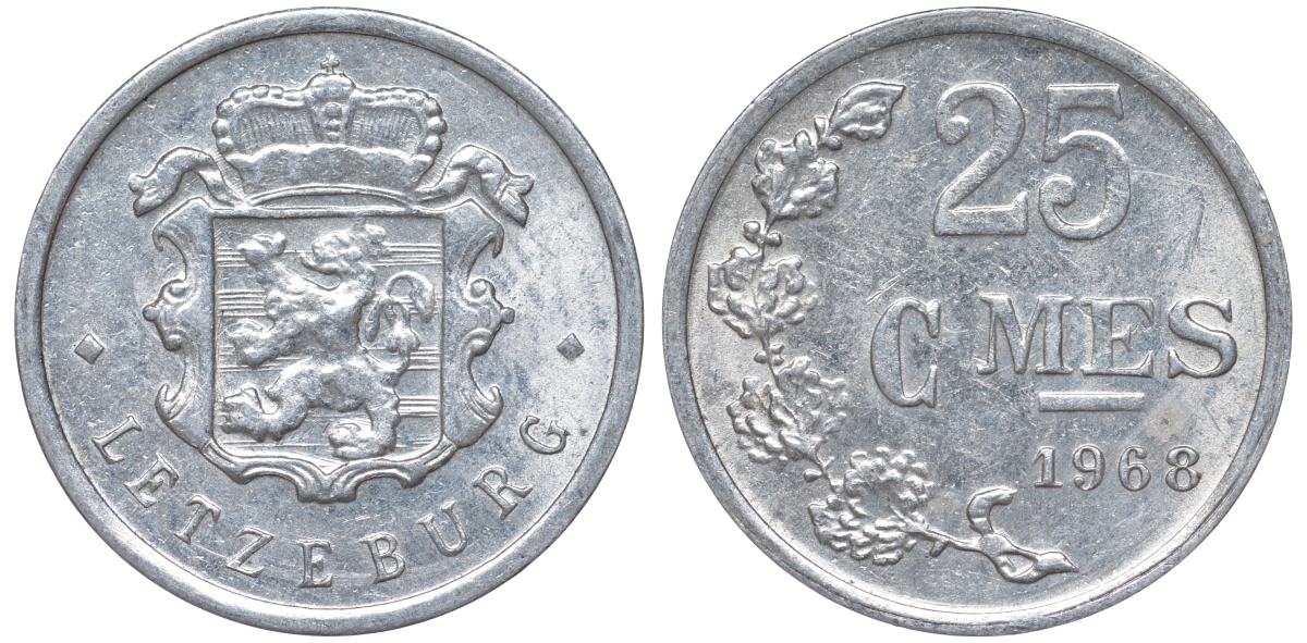 Люксембург 25 сантимов 1968 KM 45a.1 алюминий 4532-1055