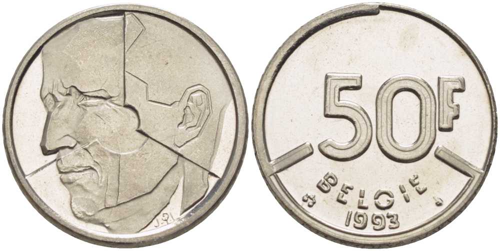 БЕЛЬГИЯ 50 ФРАНКОВ 1993 BELGIE, БОДУЭН I (1951-1993) KM 169 никель 4390-835