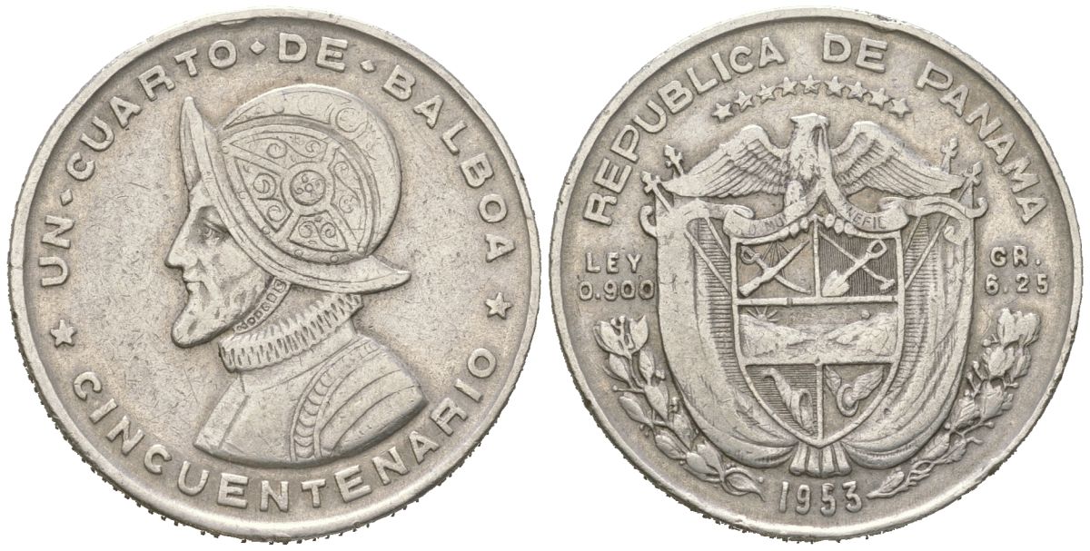 Панама 1/4 бальбоа 1953 50 лет независимости KM 19 серебро 68-1147