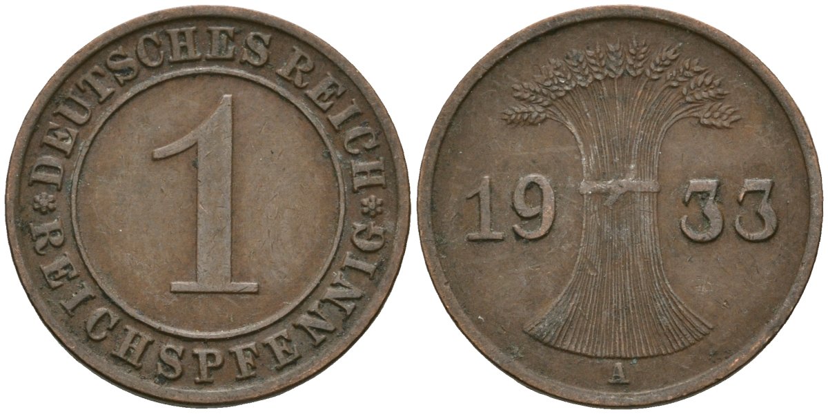 Германия 1 рейхспфенниг 1933 A KM 37, J. 313 бронза 4189-1159