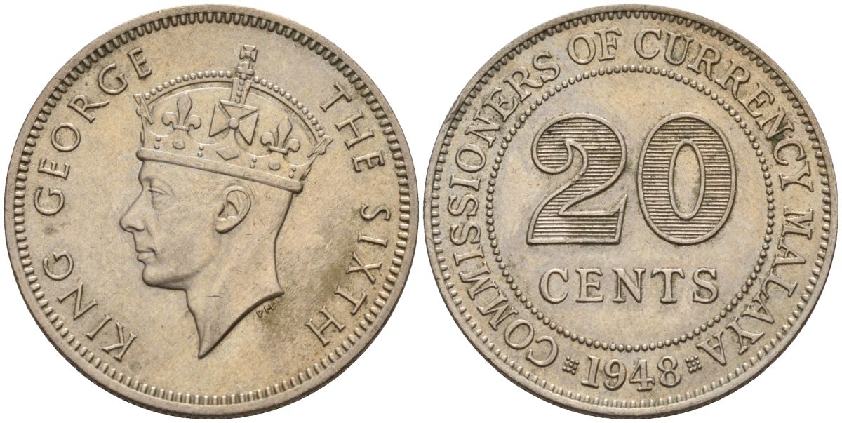 Британская Малайя 20 центов 1948 Георг VI (1937-1952) KM 9 медно-никель 4153-533