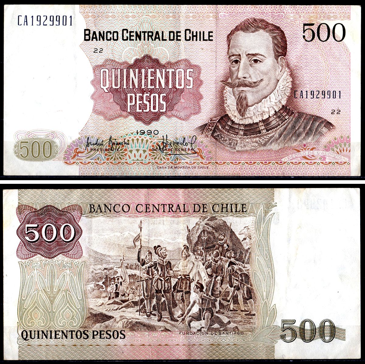 Чили 500 песо 1990 Pick 153b бумага 3295-12-2-2