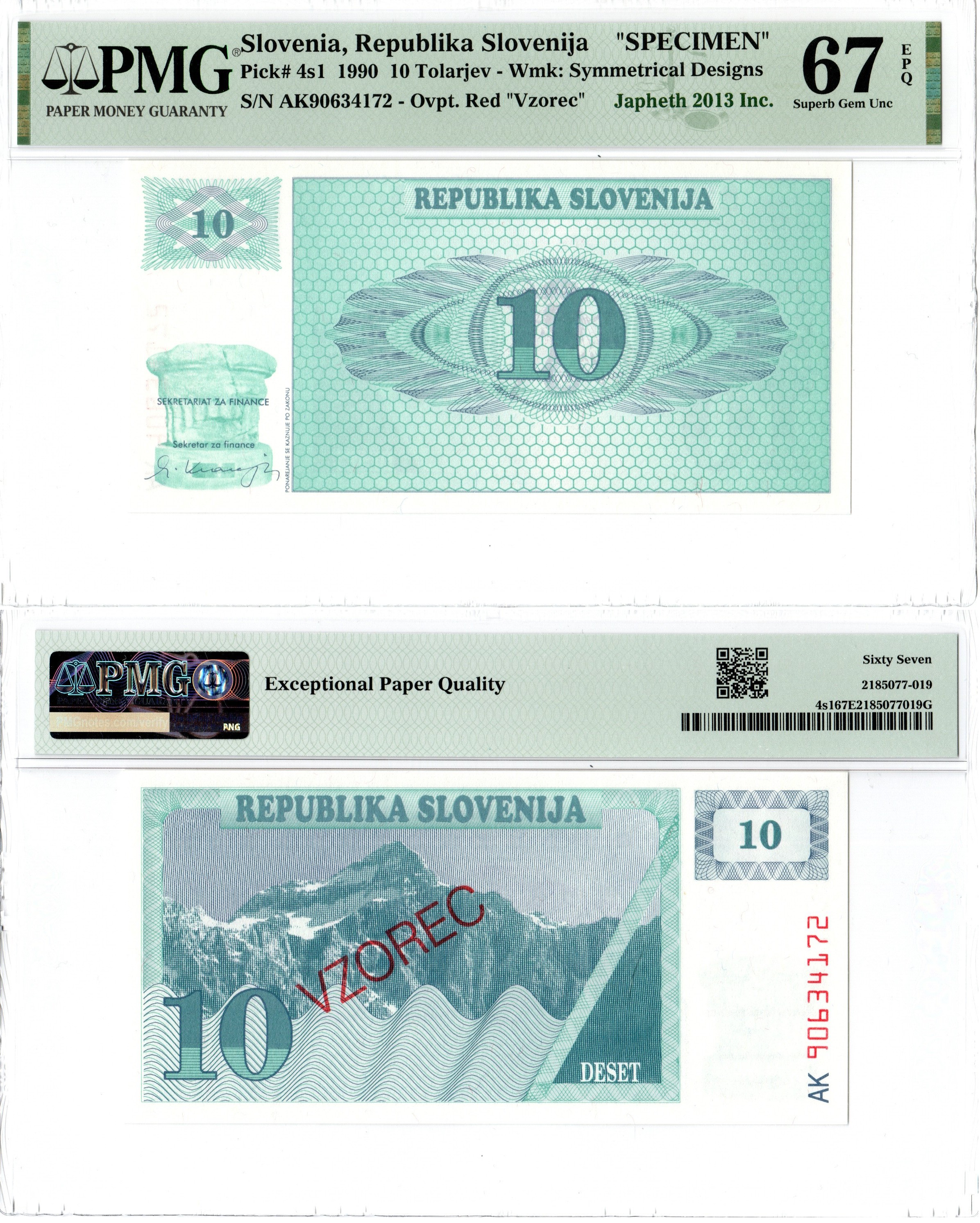 Словения набор из 7 банкнот (образец / SPECIMEN) (1, 5, 10, 50, 100, 500 и 1000 толаров) 1990-1992 в слабах PMG (66, 67 и 68) Pick 1s1, 3s1, 4s1, 5s1, 6s1, 8s1, 9s1 бумага UNC (пресс) 452-2-118