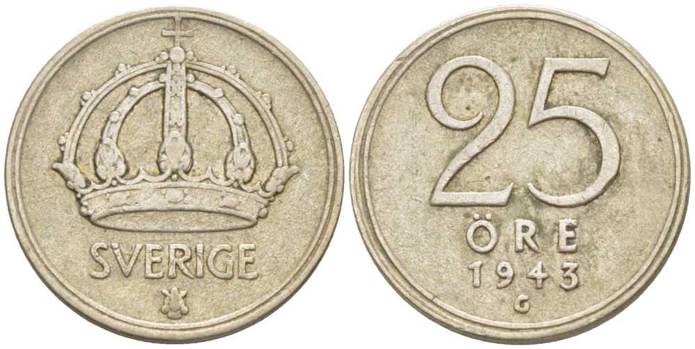 Швеция 25 эре 1943 G, Густав V (1907-1950) KM 816 серебро 116-1132