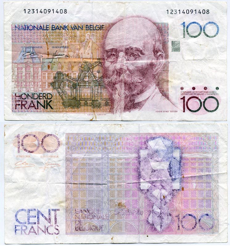 БЕЛЬГИЯ 100 ФРАНКОВ 1982-1994 ПОДПИСЬ (4 И 12) АРХИТЕКТОР ХЕНДРИК БЕЙЕРТ Pick 142а бумага 6301-35-3