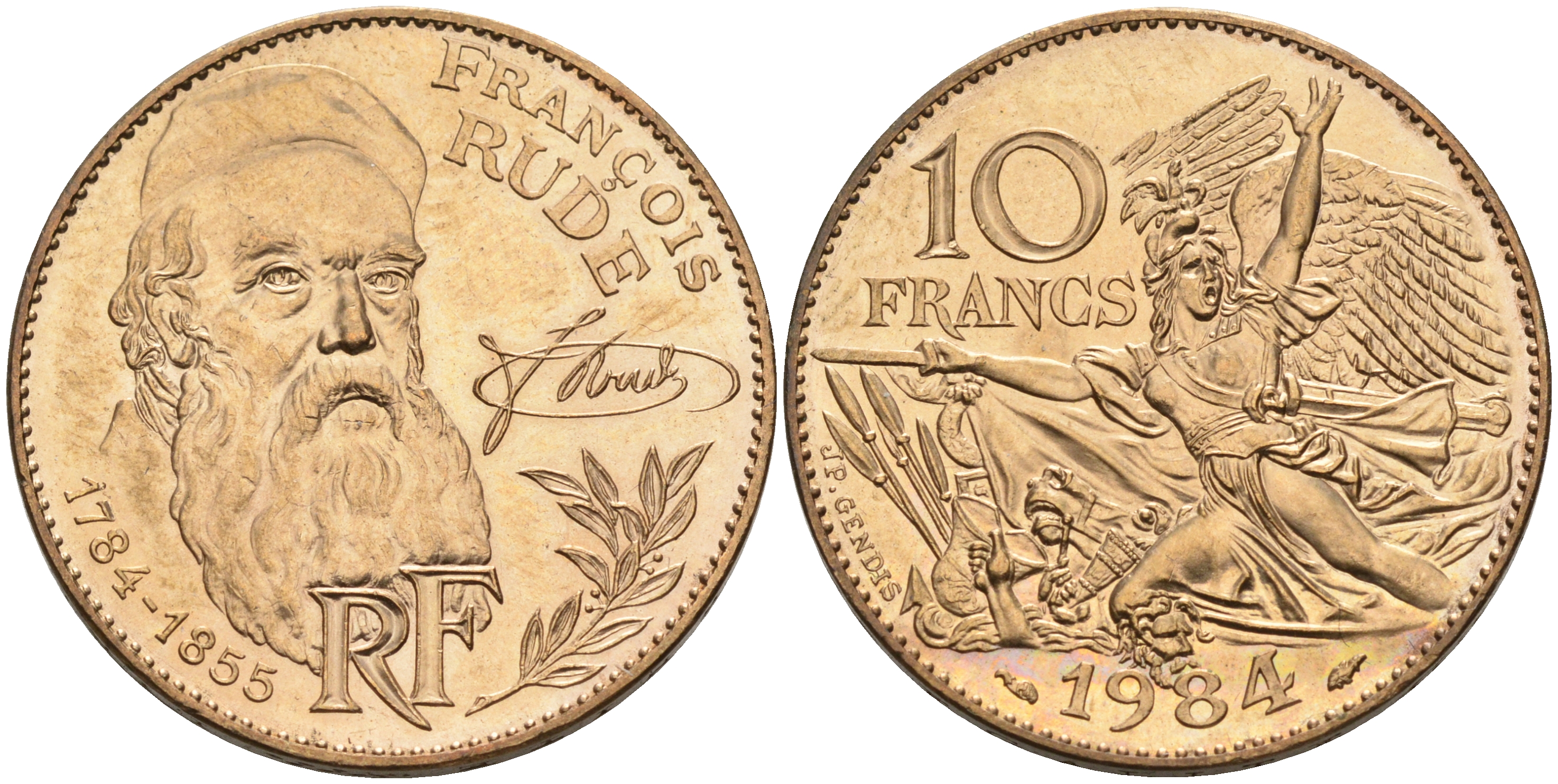 ФРАНЦИЯ 10 ФРАНКОВ 1984 ФРАНСУА РУДЕ KM 954 никель латунь 63-733