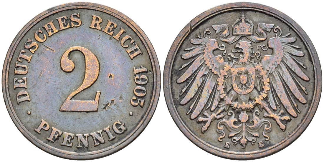 ГЕРМАНИЯ 2 ПФЕННИГА 1905 E, РЕДКАЯ KM 16, Jager 11, Weege 4 медь 4546-626