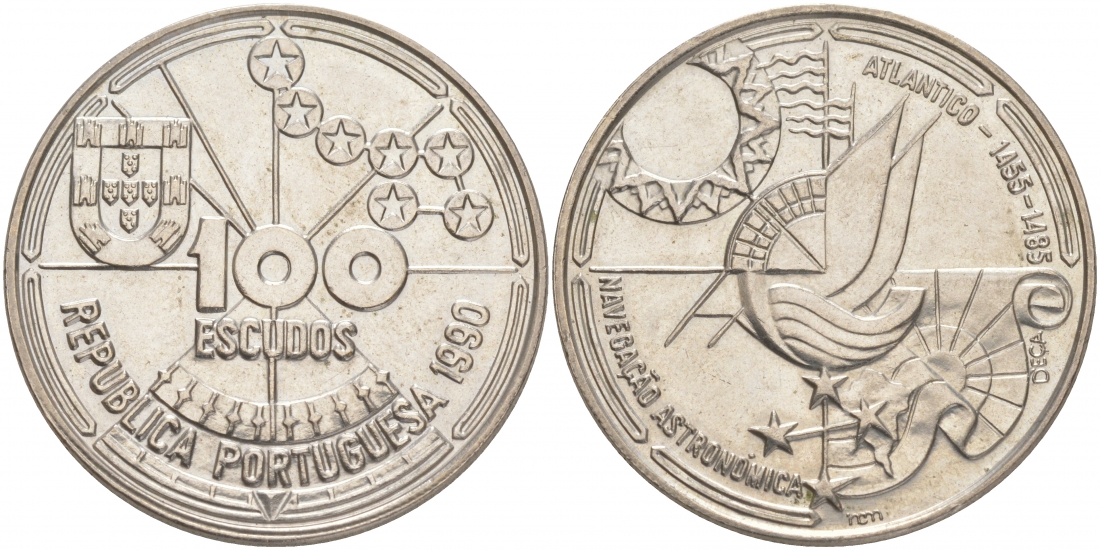 Португалия 100 эскудо 1990 Золотой век открытий - Астронавигация KM 649 медно-никель  UNC   UNC M31-17