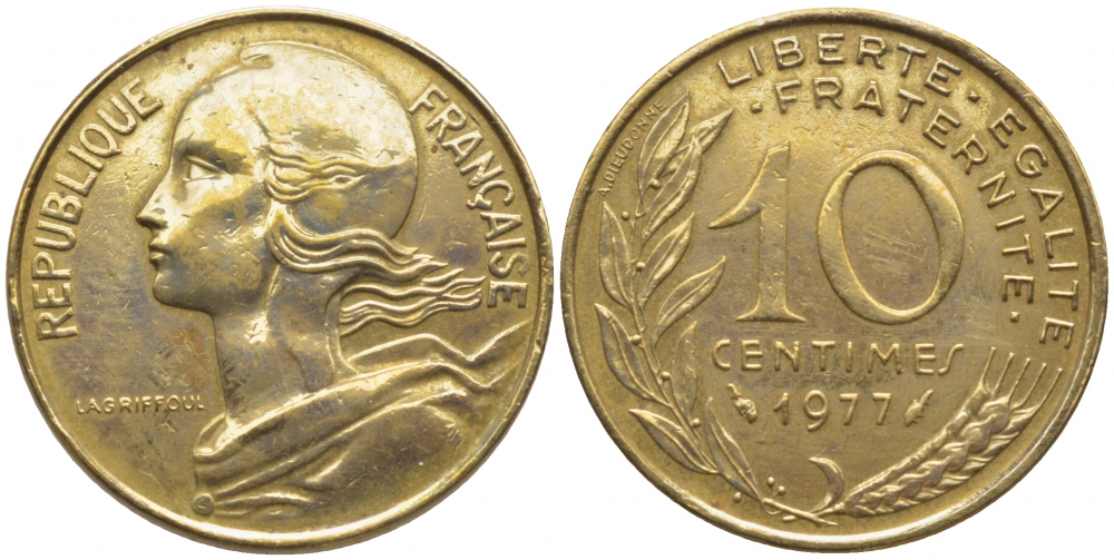 ФРАНЦИЯ 10 САНТИМОВ 1977 ТИП MARIANNE KM 929 медь алюминий никель 112-361