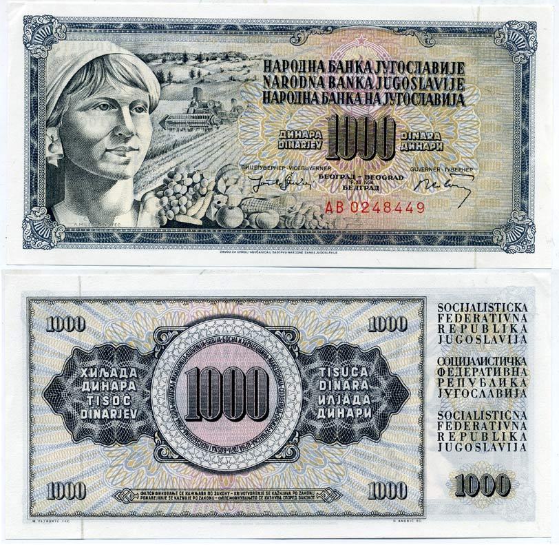 Югославия 1000 динаров 1974 крестьянка Pick 86 a  бумага  UNC (пресс) 435-30-2-1