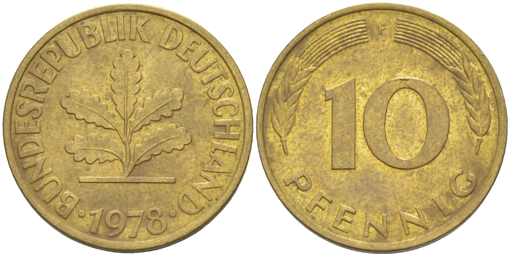 ФРГ 10 ПФЕННИГОВ 1978 F KM 108, J. 383 сталь плакированная латунью 4182-856