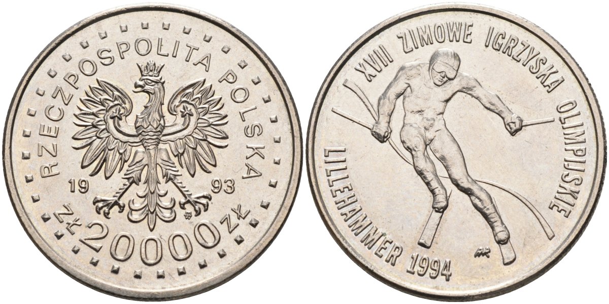 Польша 20000 злотых 1993 XVII зимние Олимпийские игры в Лилихамере 1994 года, слалом KM 261, Parchimowicz 612 медно-никель 4185-1245