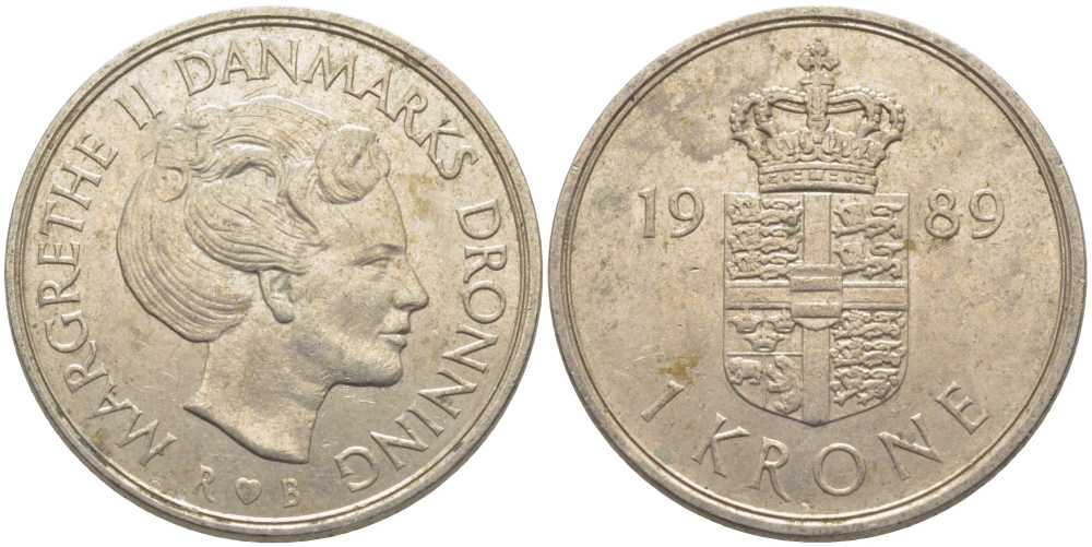 ДАНИЯ 1 КРОНА 1989 R;B, МАРГАРЕТЕ II (1972-) KM 862.3 медно-никель 113-925