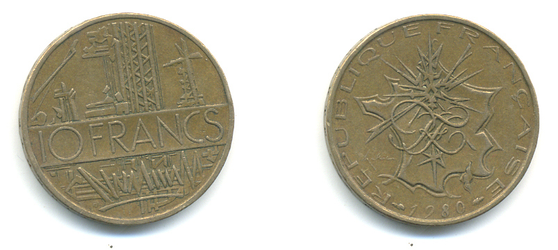 Франция 10 франков 1980 тип Матье KM 940, Le Franc 365.15-16 никель латунь 89-1422