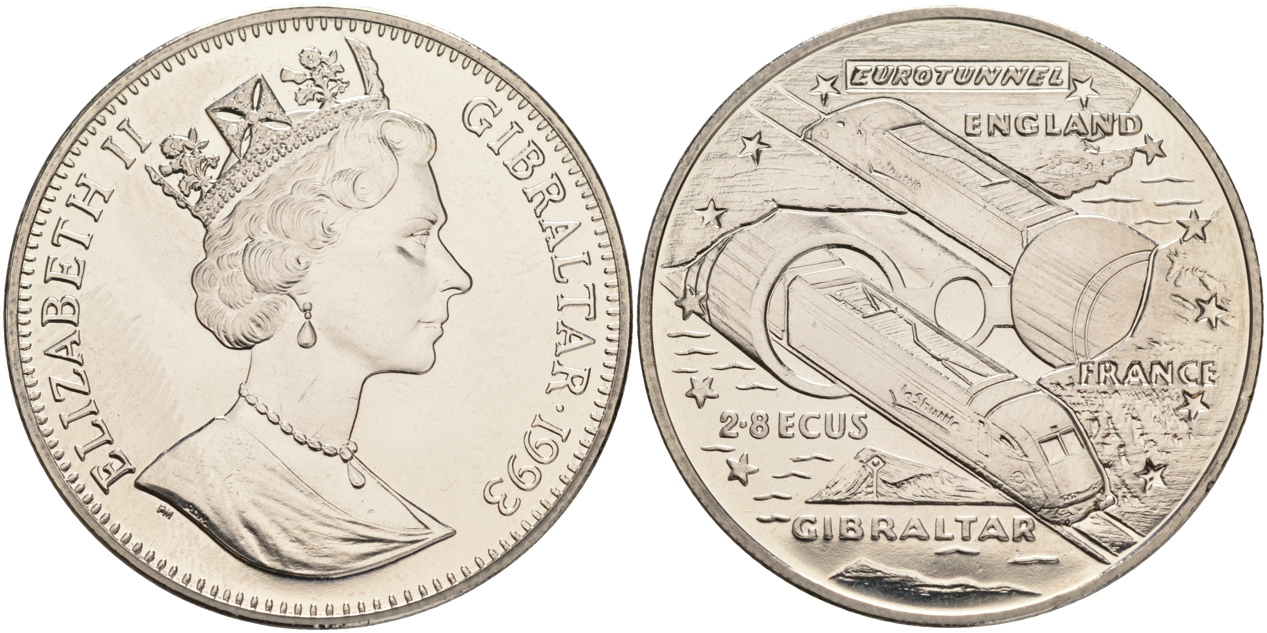 Гибралтар 2,8 экю 1993 евротоннель Англия-Франция, поезд КМ 478 медно-никель PROOF 4552-834