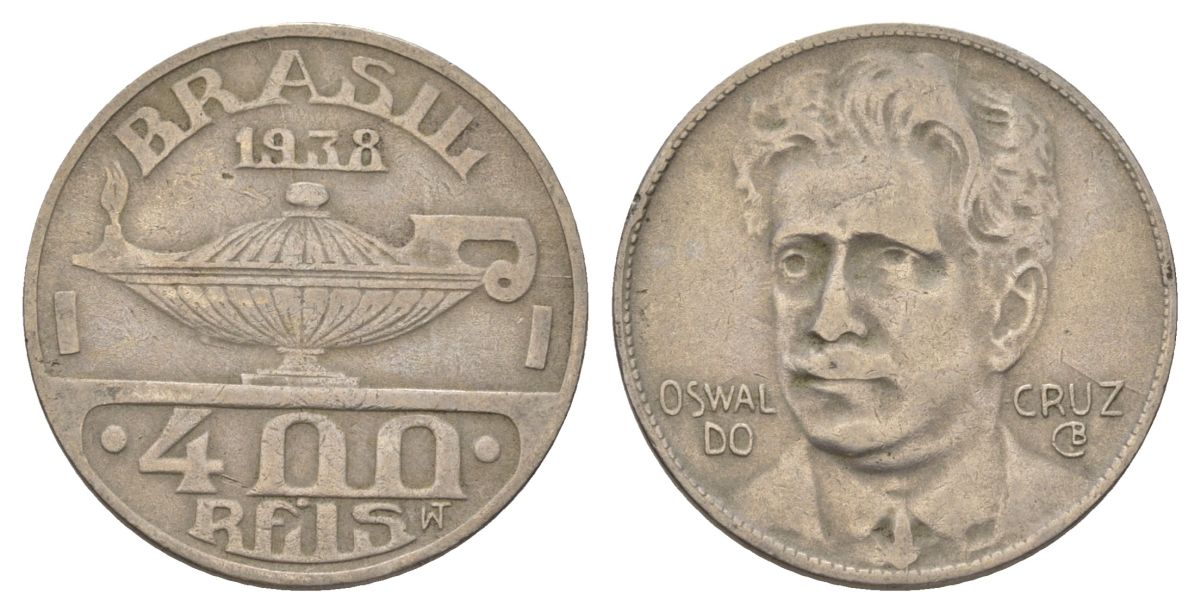 Бразилия 400 реалов 1938 Освалду Крус KM 539 медно-никель 4626-111