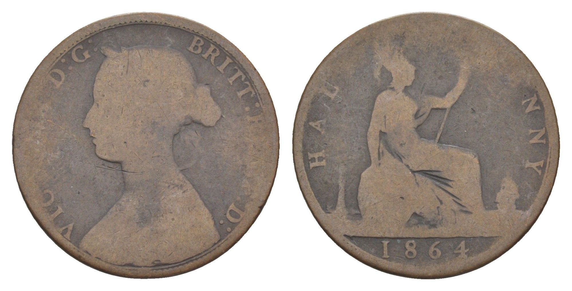 Великобритания 1/2 пенни 1864 Виктория (1837-1901) KM 748, Spink 3956 бронза 4642-423