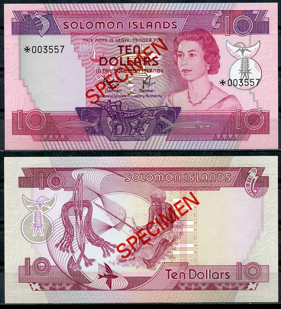 Соломоновы острова 2, 5 и 10 долларов ND (1977) Елизавета II (1952-2022), образец, Specimen, № 003557 Pick 5 s, 6 s, 7 s  бумага  UNC (пресс) 451-19-2