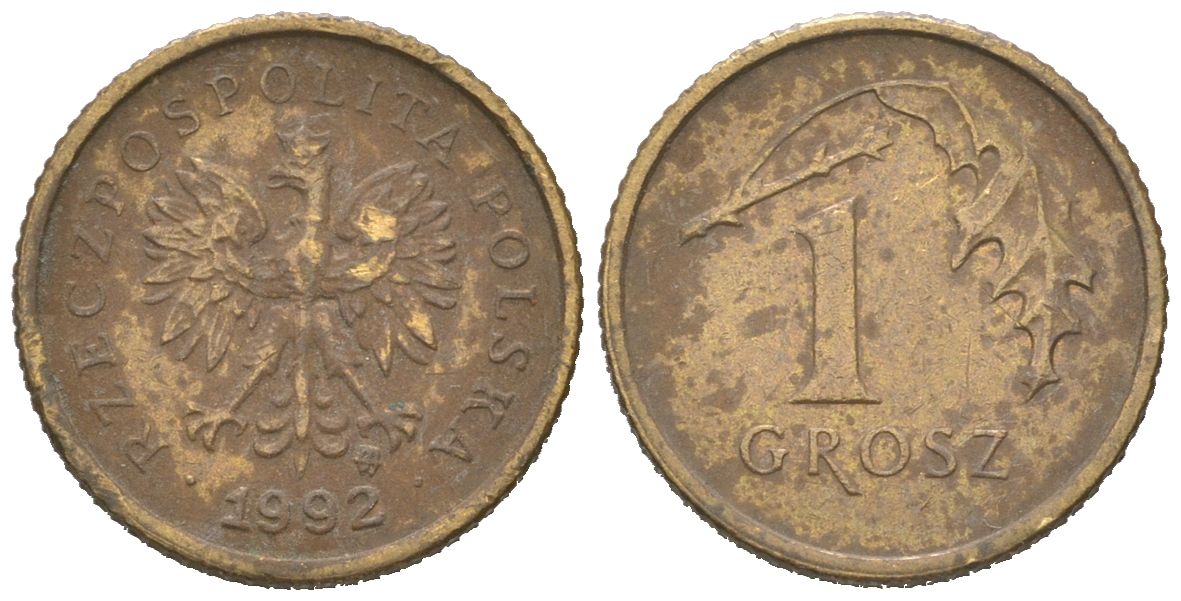 Польша 1 грош 1992 MW Y 276 марганец латунь 4618-135