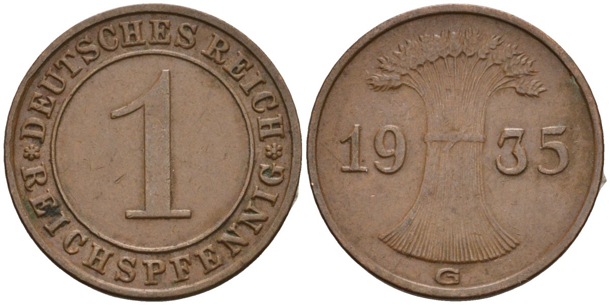 Германия 1 рейхспфенниг 1935 G KM 37, J. 313 бронза 4516-1215