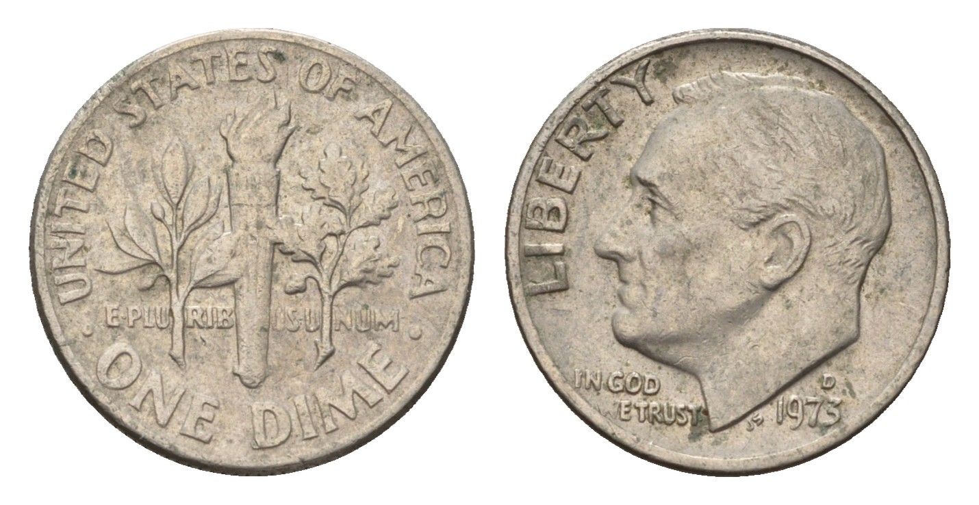 США 10 центов (дайм) 1973 D, Рузвельт KM 195a медь плакированная медно-никелем 4674-542