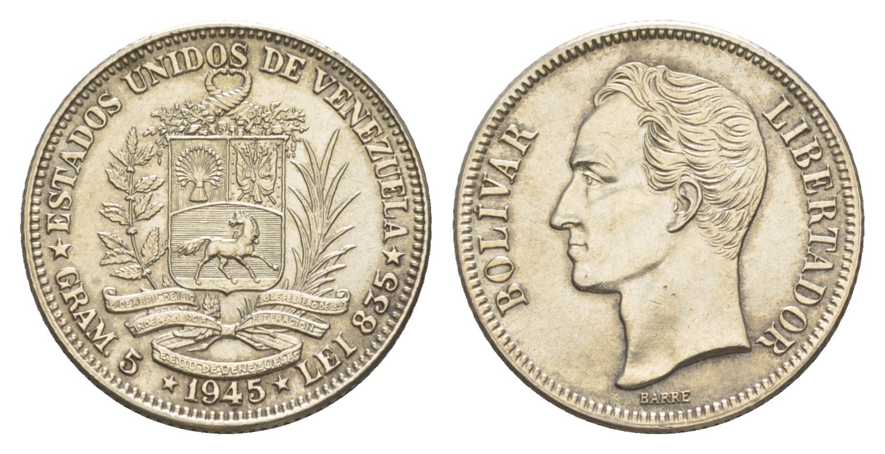 Венесуэла 1 боливар 1945 Симон Боливар Y 22a серебро aUNC 1526-942