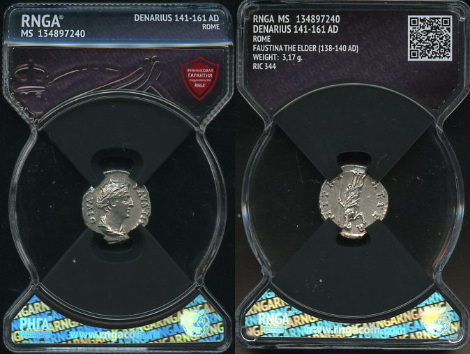 Римская Империя денарий 141-161 Фаустина Старшая, жена Антонина Пия, посмертная чеканка, DIVA FAVSTINA, бюст императрицы/AETERNITAS, персонификация Вечности, Рим, в слабе RNGA - MS RIC 344 серебро 15-004-10