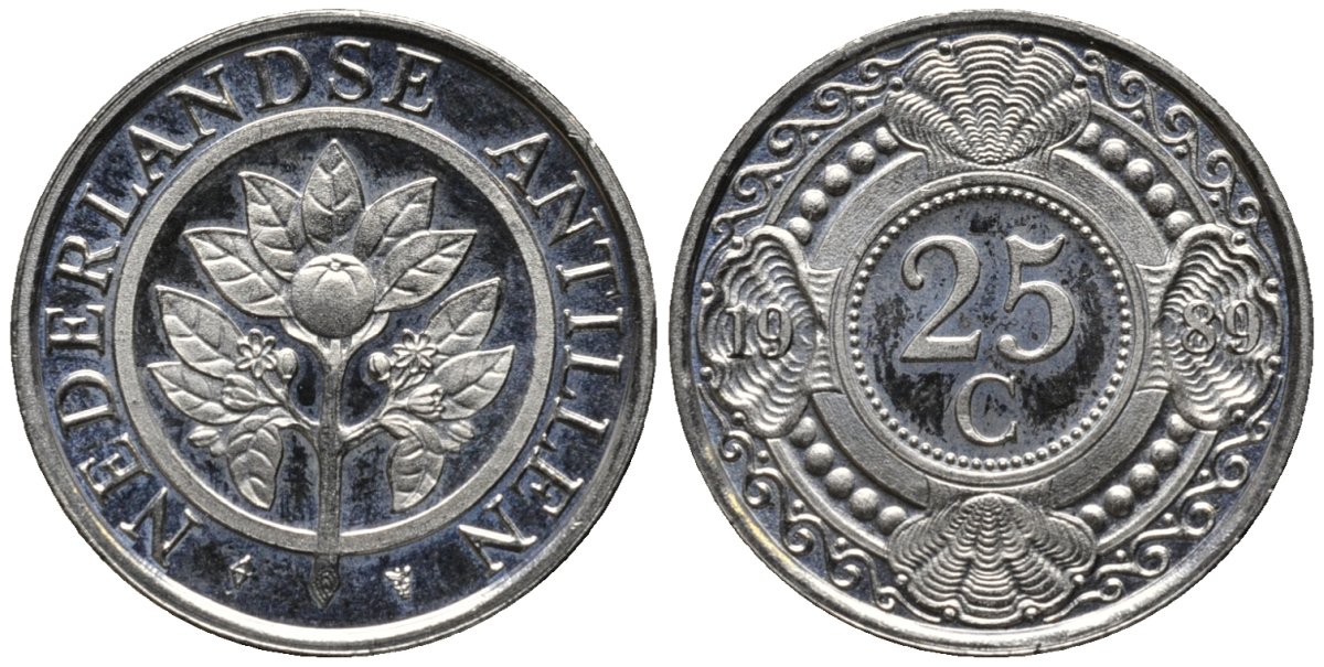 Нидерландские Антилы 25 центов 1989 Беатрикс (1980-2013) KM 35 никелированная сталь UNC 4576-1228