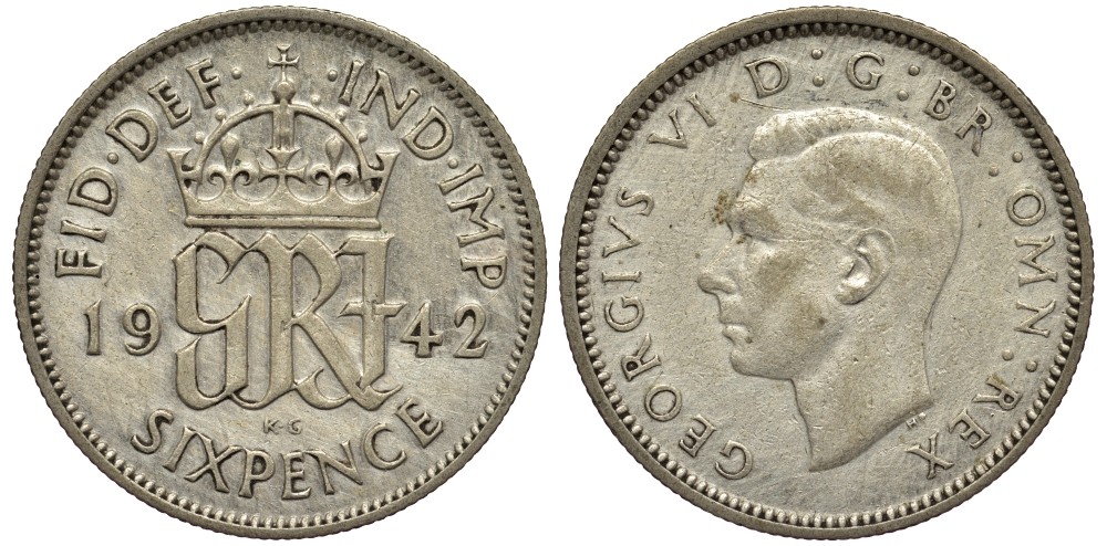 Великобритания 6 пенсов 1942 Георг VI (1936-1952) KM 852, Spink 4084 серебро 4538-522