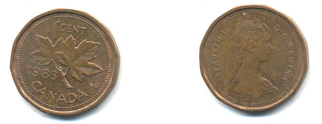 КАНАДА 1 ЦЕНТ 1983 ЕЛИЗАВЕТА II, КЛЕНОВЫЙ ЛИСТ KM 132 бронза 177-1457
