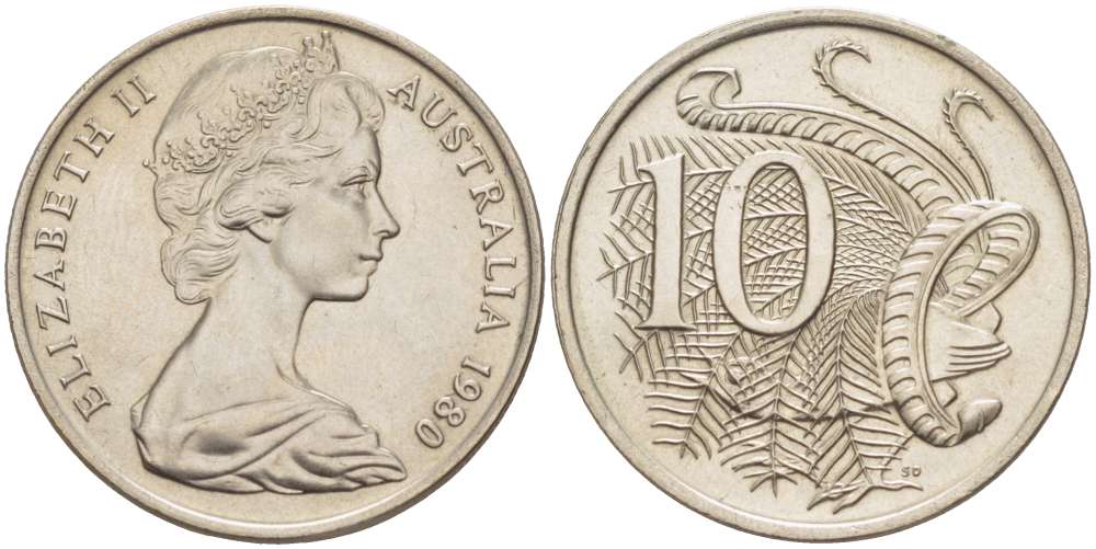 Австралия 10 центов 1980 Елизавета II (1952-), птица лирахвост KM 65 медно-никель UNC 4519-423