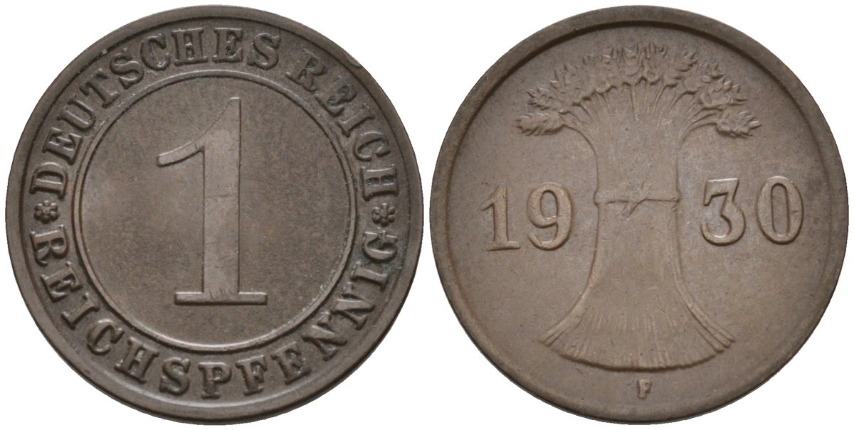 Германия 1 рейхспфенниг 1930 F KM 37, J.313, Weege 2 медь 4585-618