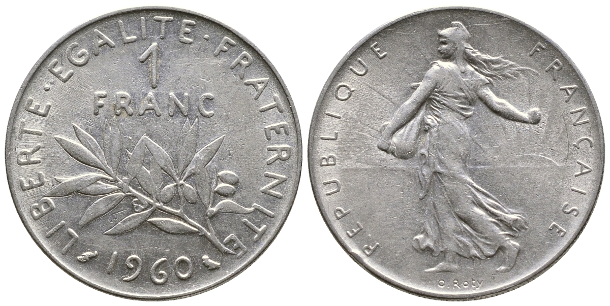 ФРАНЦИЯ 1 ФРАНК 1960 СЕЯТЕЛЬ KM 925.1, LE FRANC 226.4 никель 4385-534